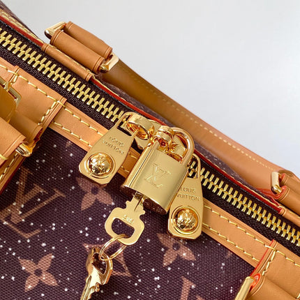 LV 25S KEEPALL 50 MONOGRAM CRYSTALS IN DARK PURPLE CANVAS AND CALFSKIN TRIM