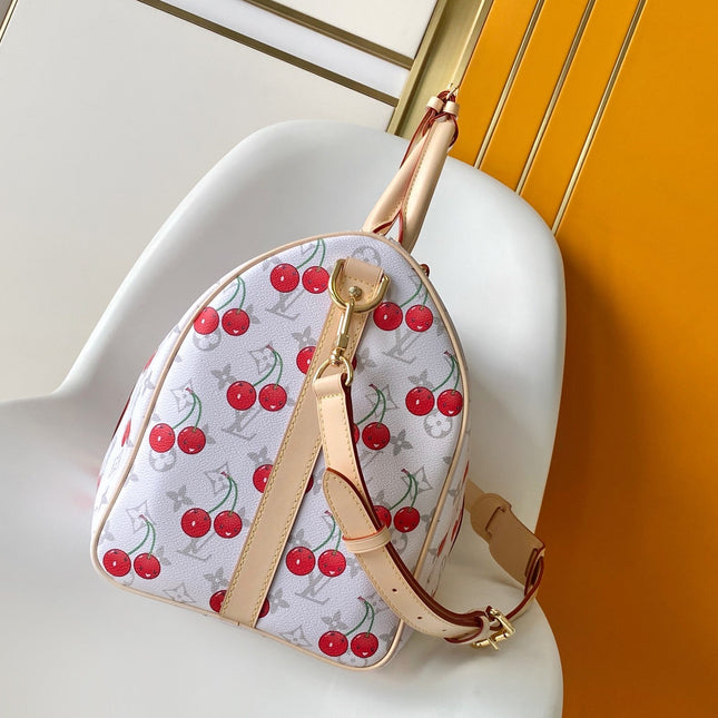 KEEPALL BANDOULIÈRE 45 IN WHITE AND RED CALFSKIN