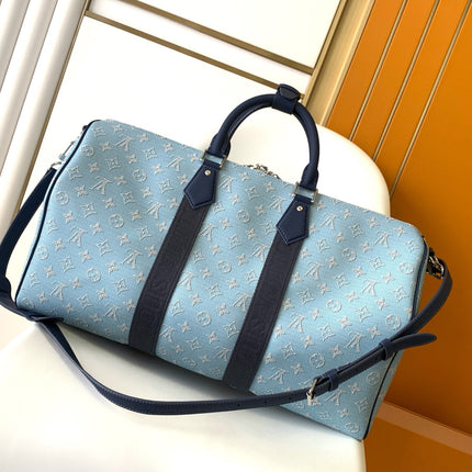 LV 25S KEEPALL BANDOULIÈRE BAG 50 IN BLUE MONOGRAM HERITAGE CALFSKIN