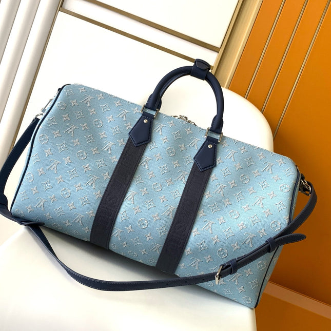 LV 25S KEEPALL BANDOULIÈRE BAG 50 IN BLUE MONOGRAM HERITAGE CALFSKIN