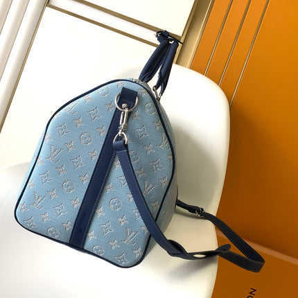 LV 25S KEEPALL BANDOULIÈRE BAG 50 IN BLUE MONOGRAM HERITAGE CALFSKIN