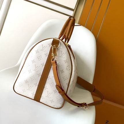 LV 25S KEEPALL BANDOULIÈRE BAG 45 IN WHITE MONOGRAM HERITAGE CALFSKIN