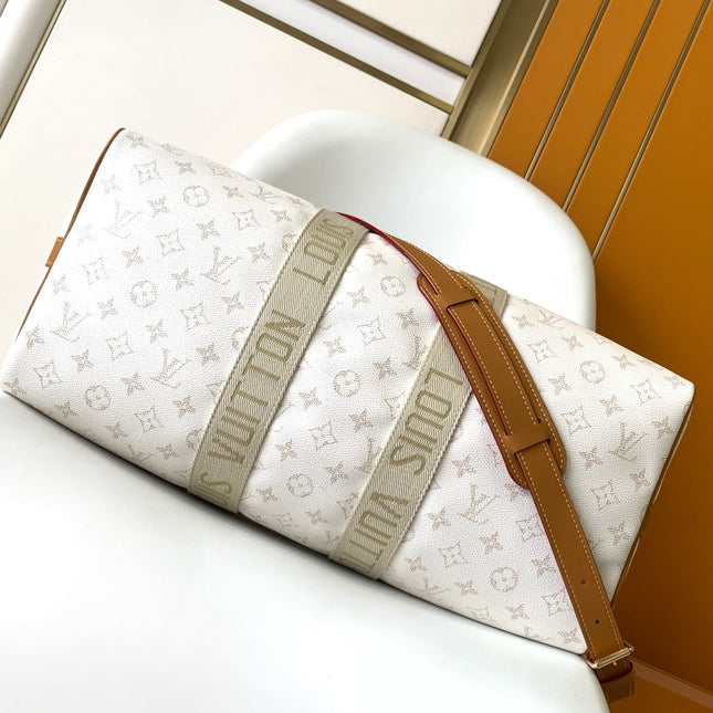 LV 25S KEEPALL BANDOULIÈRE BAG 45 IN WHITE MONOGRAM HERITAGE CALFSKIN