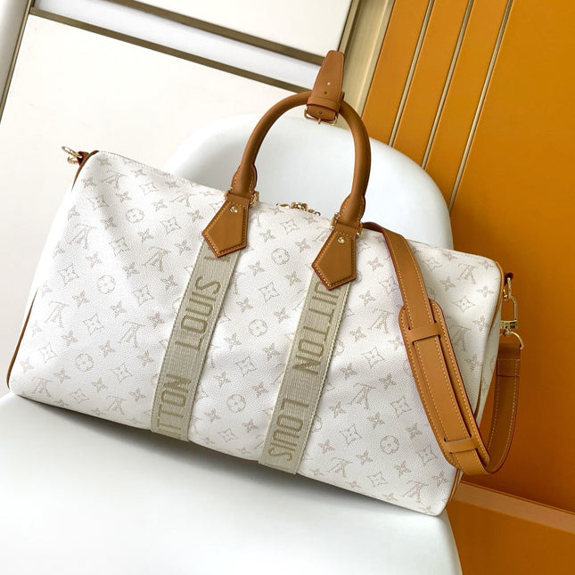 LV 25S KEEPALL BANDOULIÈRE BAG 45 IN WHITE MONOGRAM HERITAGE CALFSKIN