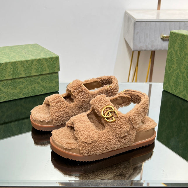 DAD SANDALS IN CIDER BROWN FLEECE WITH GOLD HARDWARE