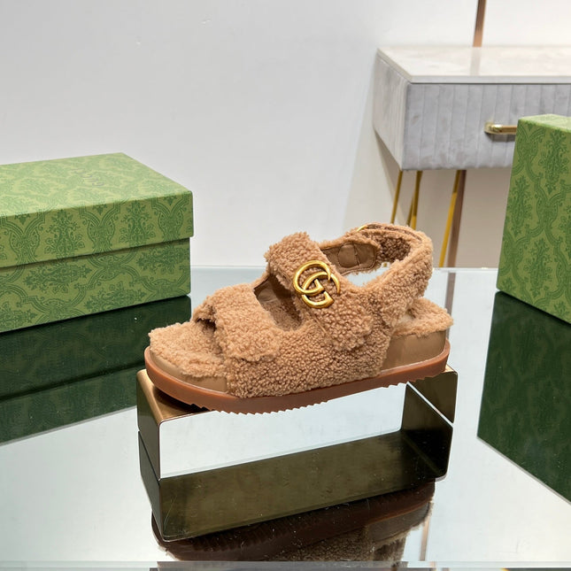 DAD SANDALS IN CIDER BROWN FLEECE WITH GOLD HARDWARE