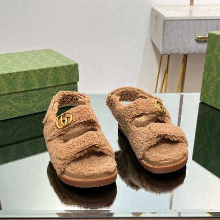 DAD SANDALS IN CIDER BROWN FLEECE WITH GOLD HARDWARE