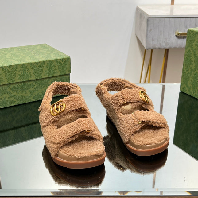 DAD SANDALS IN CIDER BROWN FLEECE WITH GOLD HARDWARE