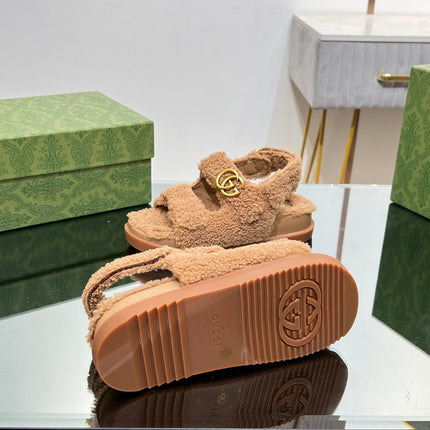 DAD SANDALS IN CIDER BROWN FLEECE WITH GOLD HARDWARE