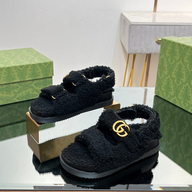 DAD SANDALS IN BLACK FLEECE WITH GOLD HARDWARE