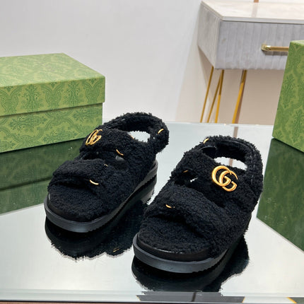 DAD SANDALS IN BLACK FLEECE WITH GOLD HARDWARE