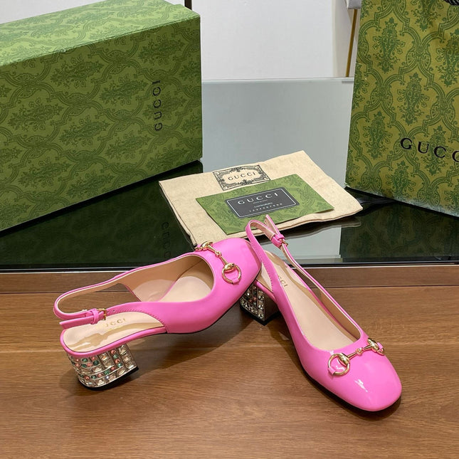 WOMEN'S HORSEBIT SLINGBACK 55MM IN FUSCIA PINK CALFSKIN WITH RHINSTONES