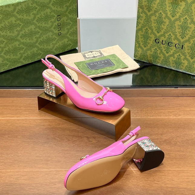 WOMEN'S HORSEBIT SLINGBACK 55MM IN FUSCIA PINK CALFSKIN WITH RHINSTONES