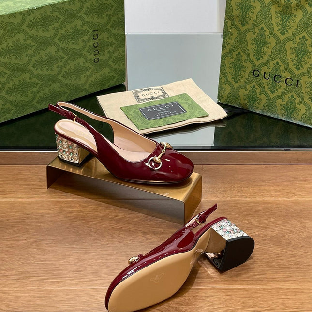 WOMEN'S HORSEBIT SLINGBACK 55MM IN WINE RED CALFSKIN WITH RHINSTONES
