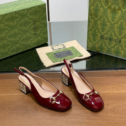 WOMEN'S HORSEBIT SLINGBACK 55MM IN WINE RED CALFSKIN WITH RHINSTONES