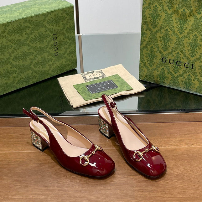 WOMEN'S HORSEBIT SLINGBACK 55MM IN WINE RED CALFSKIN WITH RHINSTONES