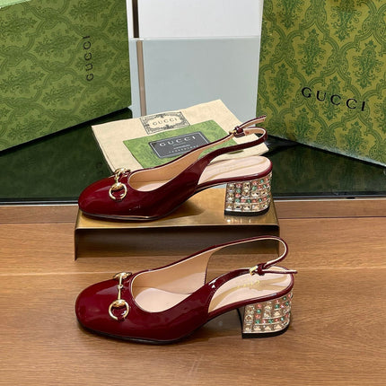 WOMEN'S HORSEBIT SLINGBACK 55MM IN WINE RED CALFSKIN WITH RHINSTONES