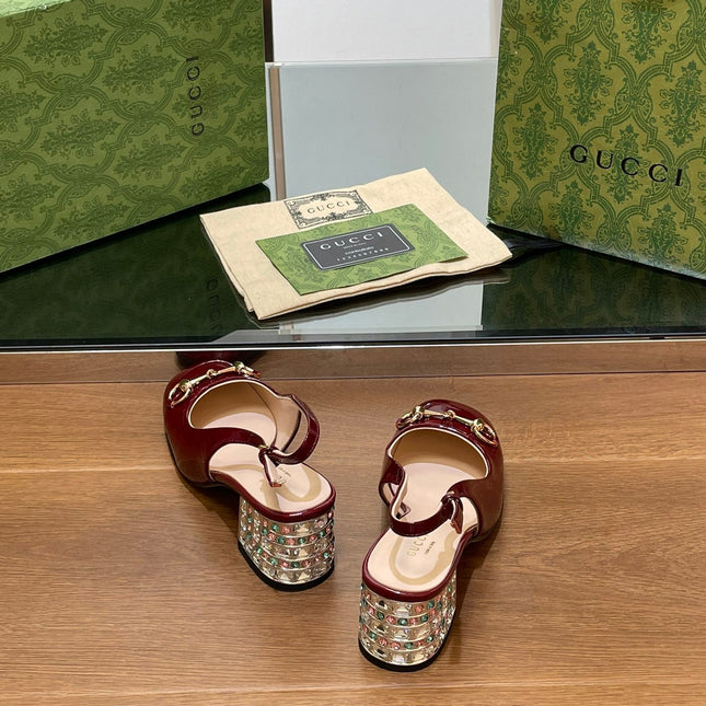 WOMEN'S HORSEBIT SLINGBACK 55MM IN WINE RED CALFSKIN WITH RHINSTONES