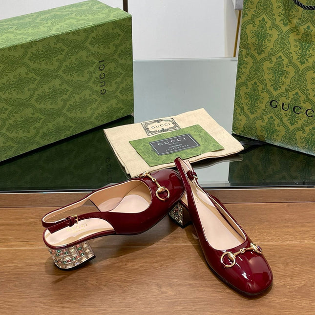 WOMEN'S HORSEBIT SLINGBACK 55MM IN WINE RED CALFSKIN WITH RHINSTONES