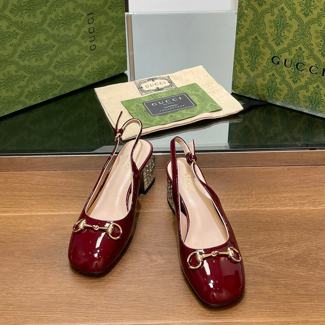WOMEN'S HORSEBIT SLINGBACK 55MM IN WINE RED CALFSKIN WITH RHINSTONES