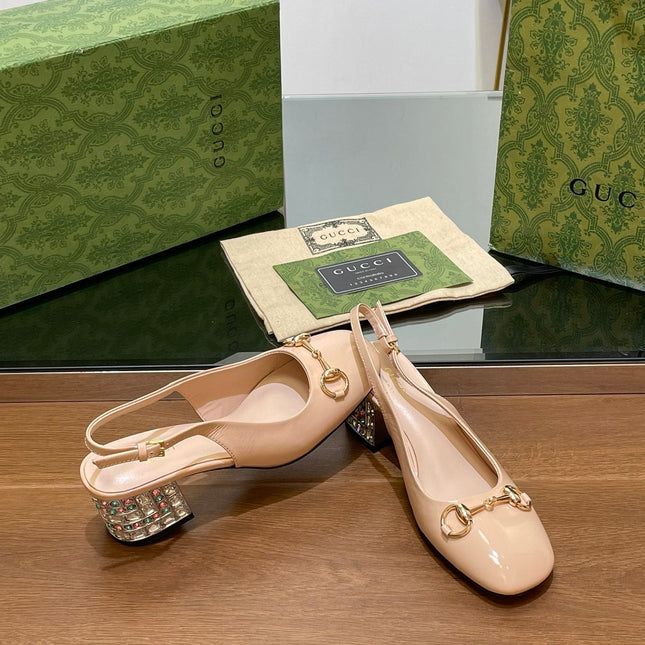 WOMEN'S HORSEBIT SLINGBACK 55MM IN TAN BEIGE CALFSKIN WITH RHINSTONES