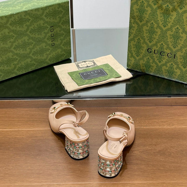 WOMEN'S HORSEBIT SLINGBACK 55MM IN TAN BEIGE CALFSKIN WITH RHINSTONES