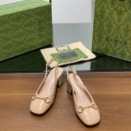 WOMEN'S HORSEBIT SLINGBACK 55MM IN TAN BEIGE CALFSKIN WITH RHINSTONES