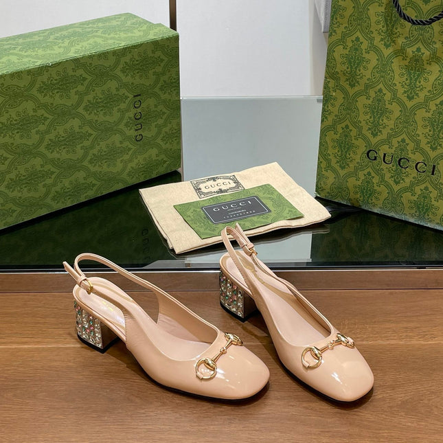 WOMEN'S HORSEBIT SLINGBACK 55MM IN TAN BEIGE CALFSKIN WITH RHINSTONES