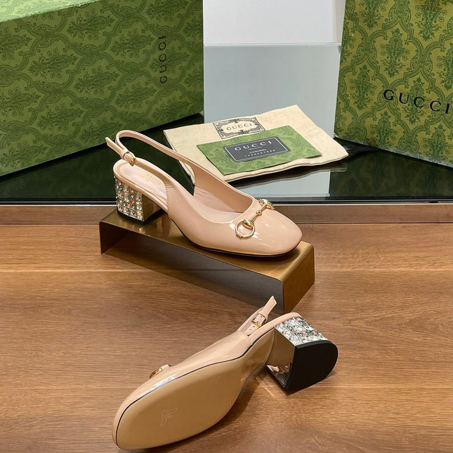 WOMEN'S HORSEBIT SLINGBACK 55MM IN TAN BEIGE CALFSKIN WITH RHINSTONES