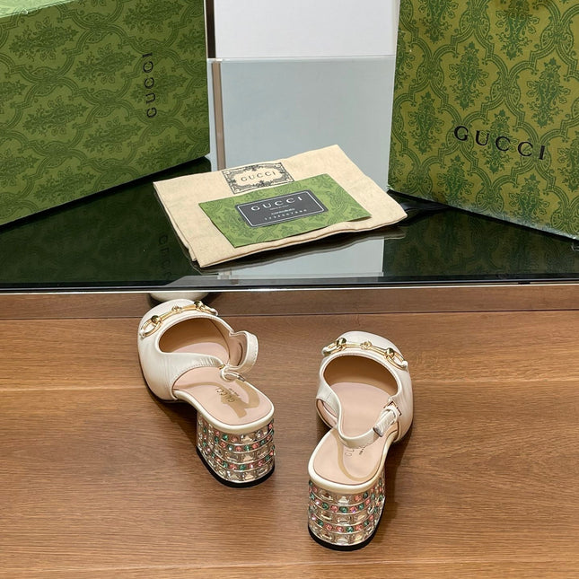 WOMEN'S HORSEBIT SLINGBACK 55MM IN WHITE CALFSKIN WITH RHINSTONES