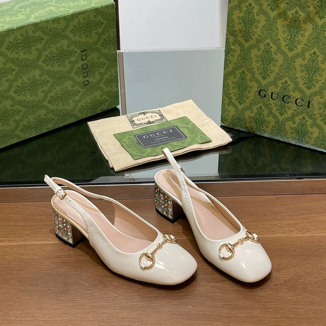 WOMEN'S HORSEBIT SLINGBACK 55MM IN WHITE CALFSKIN WITH RHINSTONES