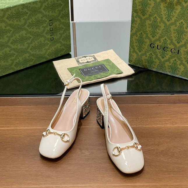 WOMEN'S HORSEBIT SLINGBACK 55MM IN WHITE CALFSKIN WITH RHINSTONES