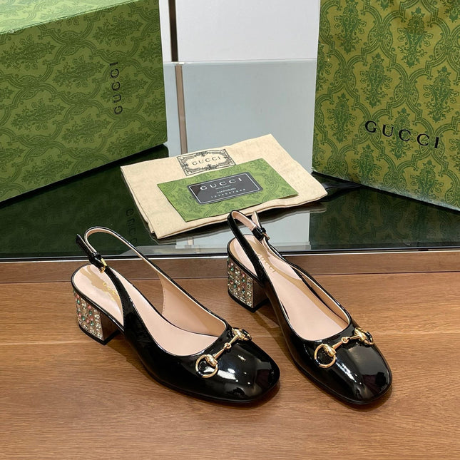 WOMEN'S HORSEBIT SLINGBACK 55MM IN BLACK CALFSKIN WITH RHINSTONES