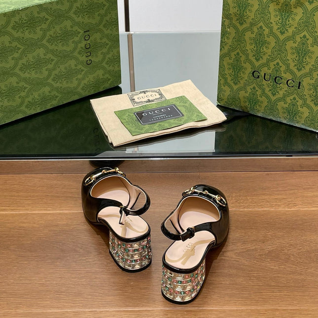 WOMEN'S HORSEBIT SLINGBACK 55MM IN BLACK CALFSKIN WITH RHINSTONES