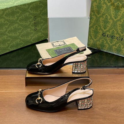 WOMEN'S HORSEBIT SLINGBACK 55MM IN BLACK CALFSKIN WITH RHINSTONES