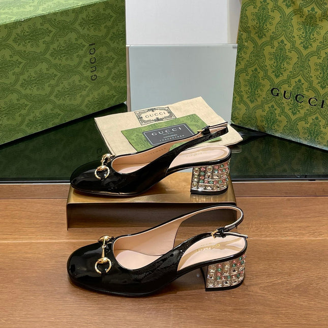 WOMEN'S HORSEBIT SLINGBACK 55MM IN BLACK CALFSKIN WITH RHINSTONES