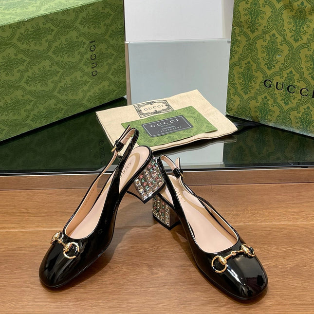 WOMEN'S HORSEBIT SLINGBACK 55MM IN BLACK CALFSKIN WITH RHINSTONES