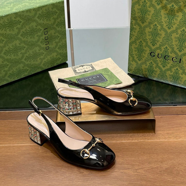 WOMEN'S HORSEBIT SLINGBACK 55MM IN BLACK CALFSKIN WITH RHINSTONES