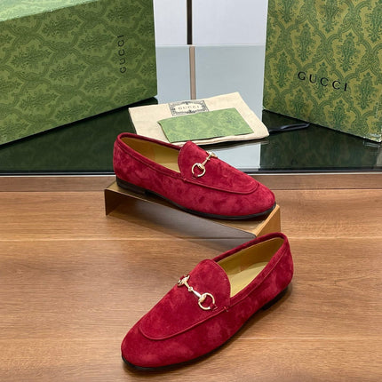 HORSEBIT LOAFER IN CHERRY RED SUEDE WITH GOLD HARDWARE