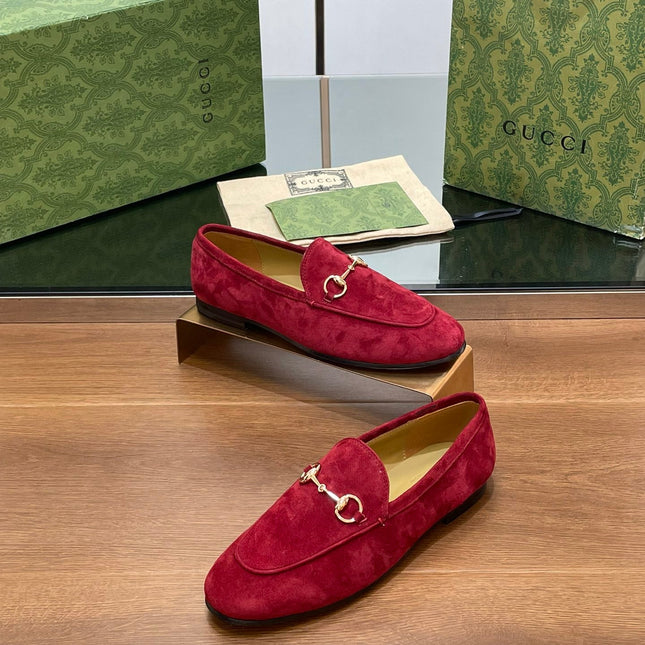 HORSEBIT LOAFER IN CHERRY RED SUEDE WITH GOLD HARDWARE