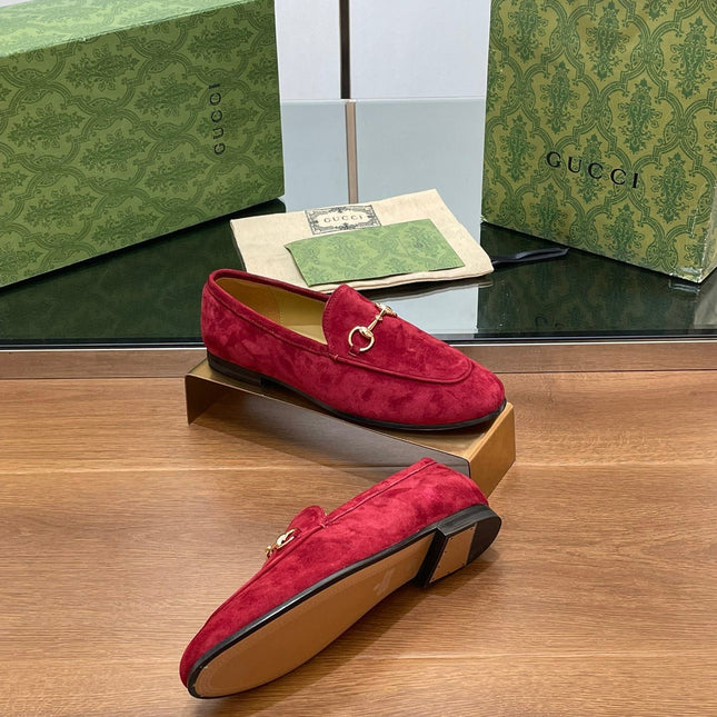 HORSEBIT LOAFER IN CHERRY RED SUEDE WITH GOLD HARDWARE