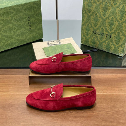 HORSEBIT LOAFER IN CHERRY RED SUEDE WITH GOLD HARDWARE