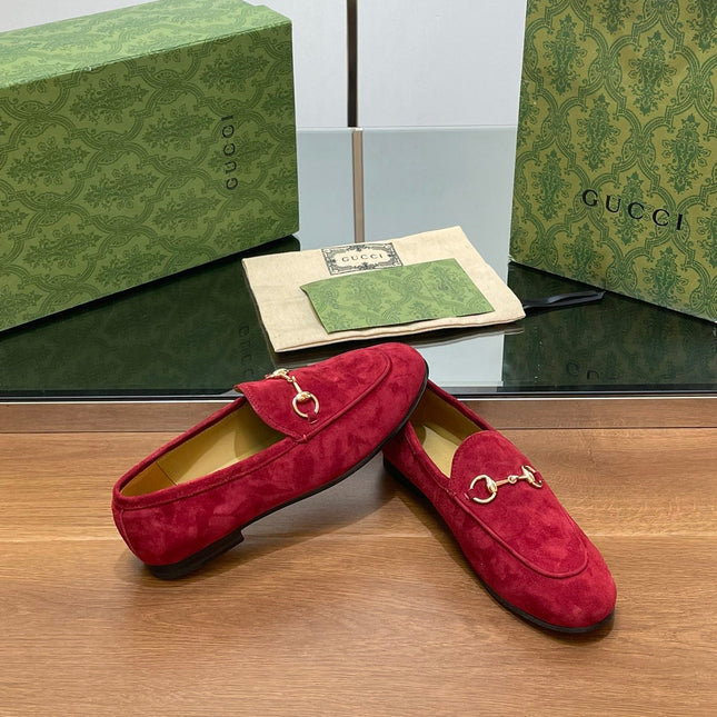 HORSEBIT LOAFER IN CHERRY RED SUEDE WITH GOLD HARDWARE