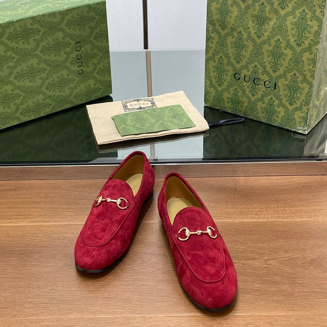 HORSEBIT LOAFER IN CHERRY RED SUEDE WITH GOLD HARDWARE
