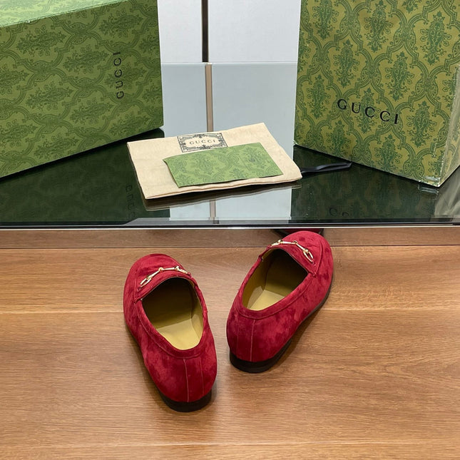 HORSEBIT LOAFER IN CHERRY RED SUEDE WITH GOLD HARDWARE