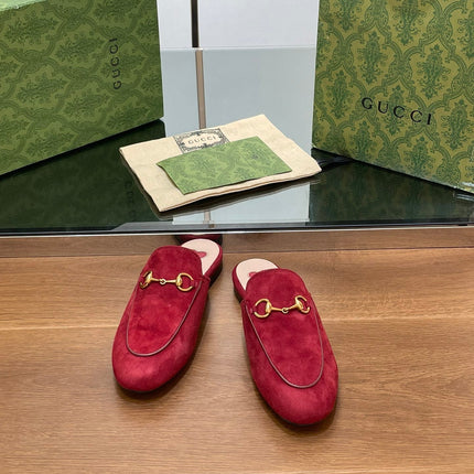 HORSEBIT MULE IN CHERRY RED SUEDE WITH GOLD HARDWARE