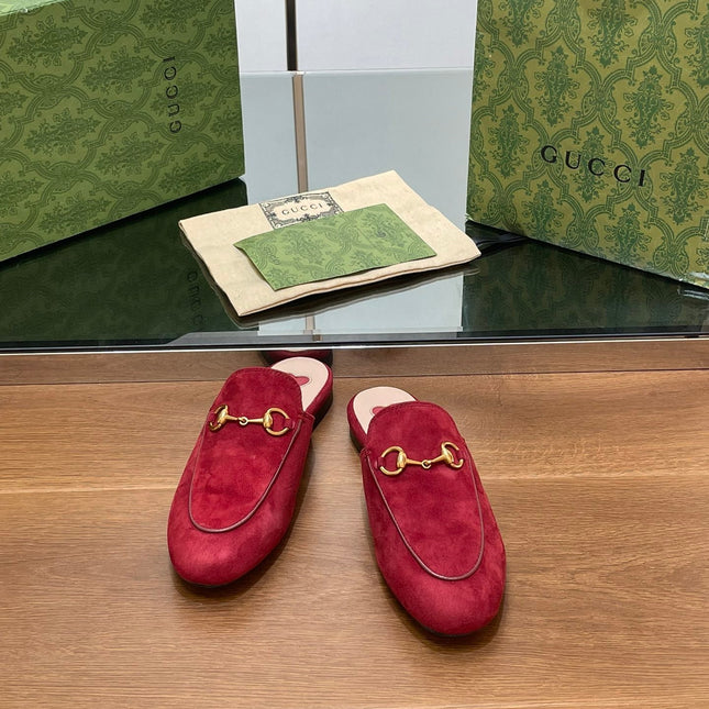 HORSEBIT MULE IN CHERRY RED SUEDE WITH GOLD HARDWARE