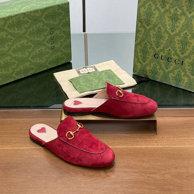 HORSEBIT MULE IN CHERRY RED SUEDE WITH GOLD HARDWARE