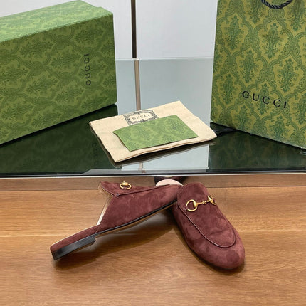 HORSEBIT MULE IN UMBER BROWN SUEDE WITH GOLD HARDWARE