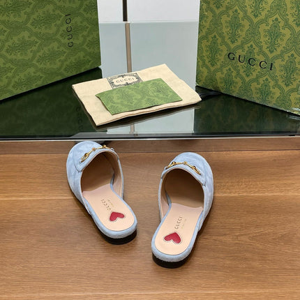 HORSEBIT MULE IN LIGHT BLUE SUEDE WITH GOLD HARDWARE